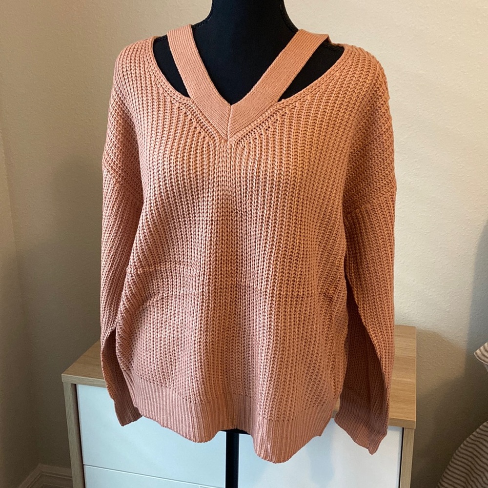 V-Neck Knit Sweater With Cut-Outs Peach Mauve Orange Fall M